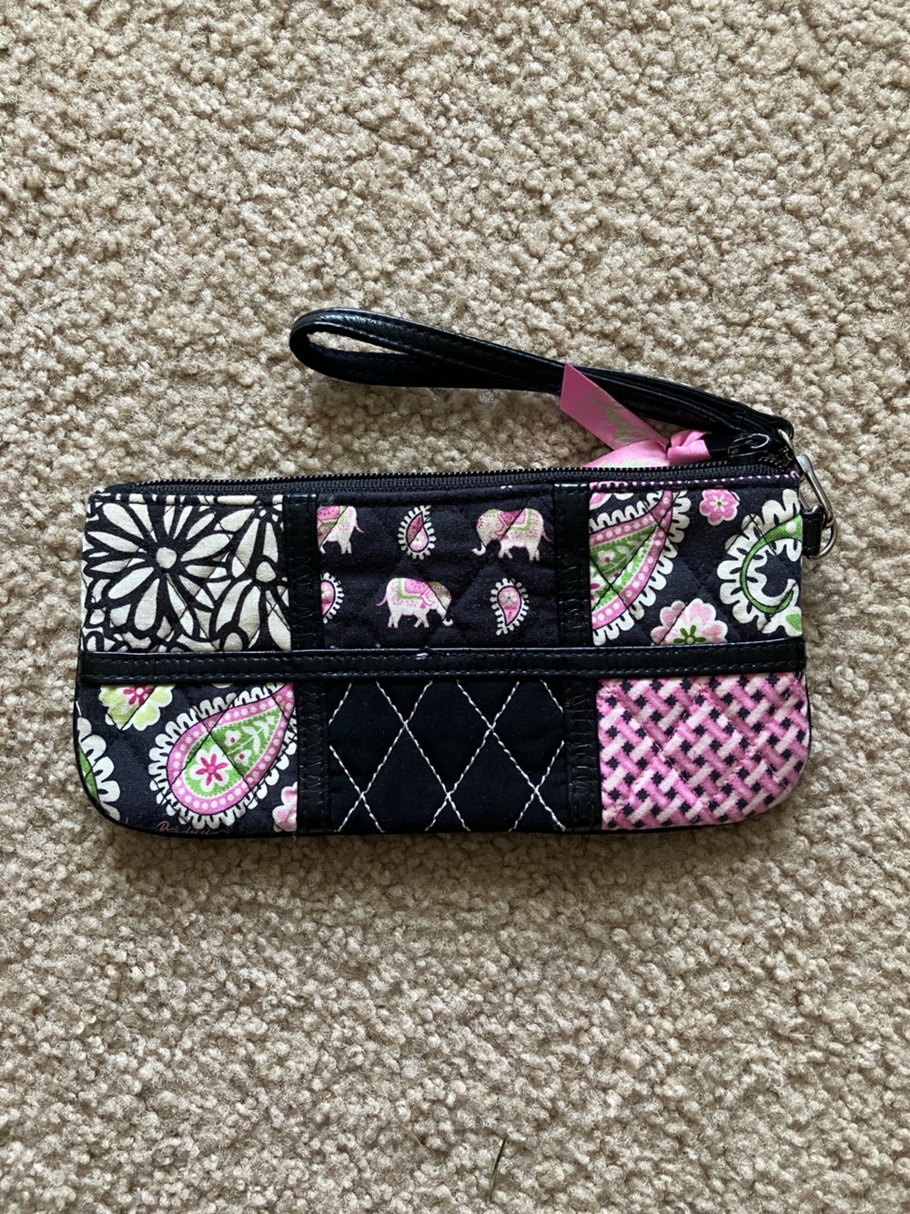 Vera Bradley Black Pink Green Patchwork Wristlet Clutch